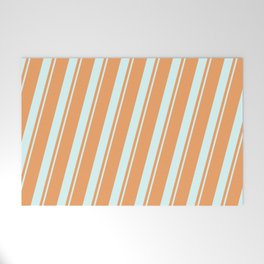 [ Thumbnail: Brown & Light Cyan Colored Lined/Striped Pattern Welcome Mat ]