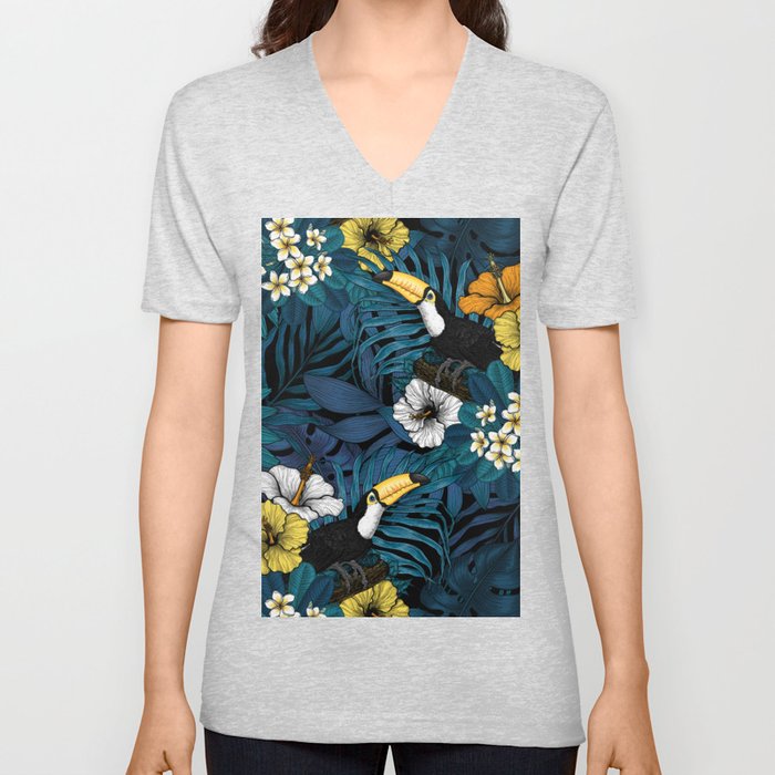 Toucans and tropical flora, blue , yellow , orange and white V Neck T Shirt