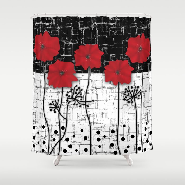 Applique Poppies on black and white background . Shower Curtain
