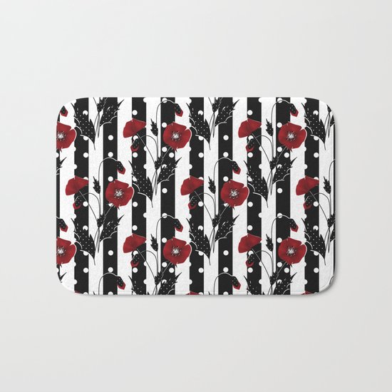 Retro. Red poppies on a black and white striped background. Bath Mat