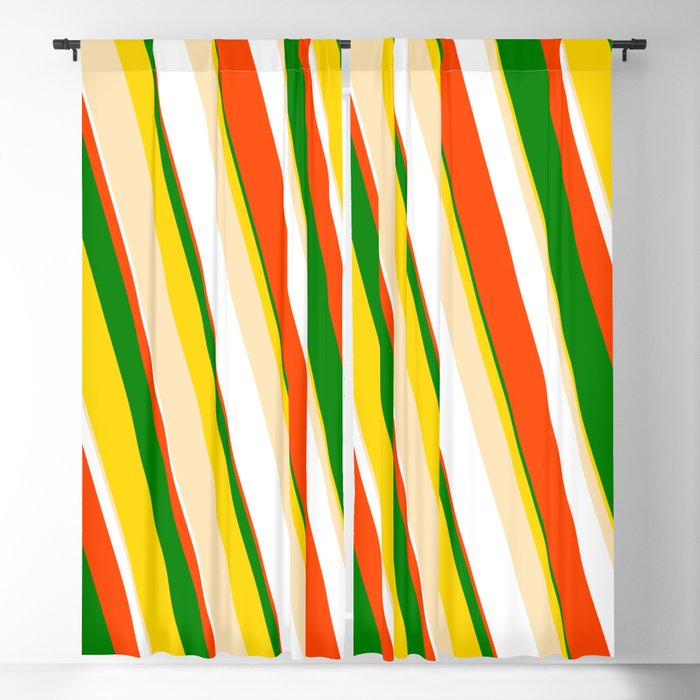 Eye-catching Yellow, Beige, White, Red & Green Colored Pattern of Stripes Blackout Curtain