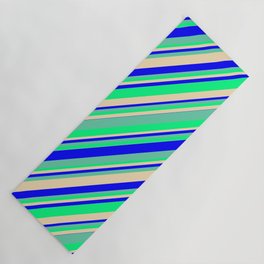 [ Thumbnail: Tan, Blue, Aquamarine & Green Colored Lines Pattern Yoga Mat ]