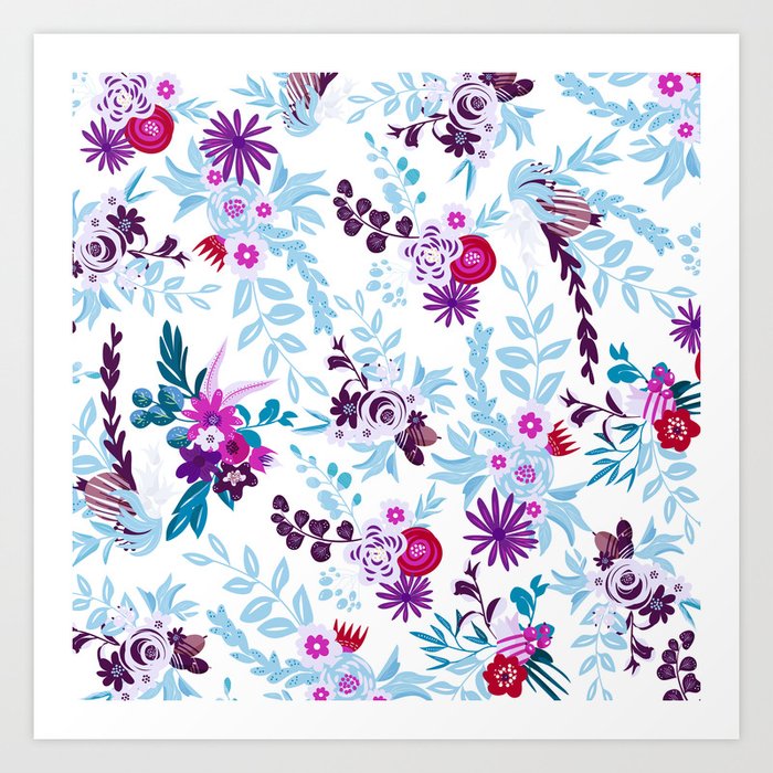 Abstract Pastel Blue Pink Country Flowers Pattern Art Print By Pink Water