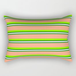 [ Thumbnail: Colorful Lavender, Forest Green, Light Salmon, Chartreuse, and Dark Green Colored Lined Pattern Rectangular Pillow ]