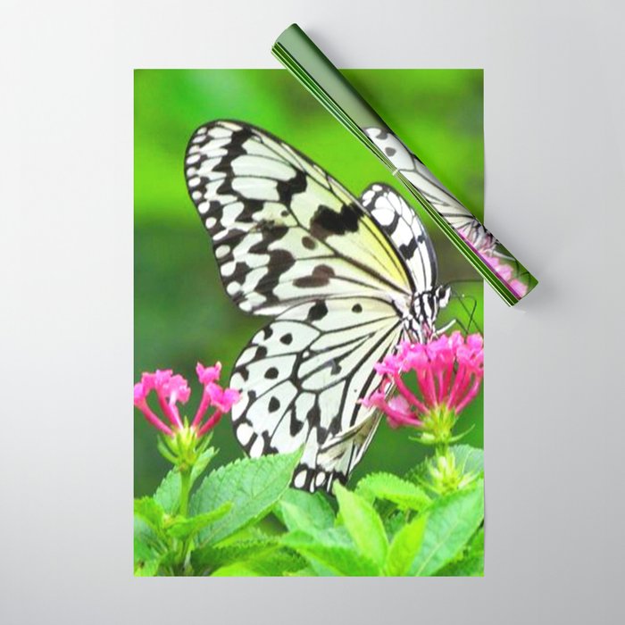 Butterfly and Pink Flowers Wrapping Paper