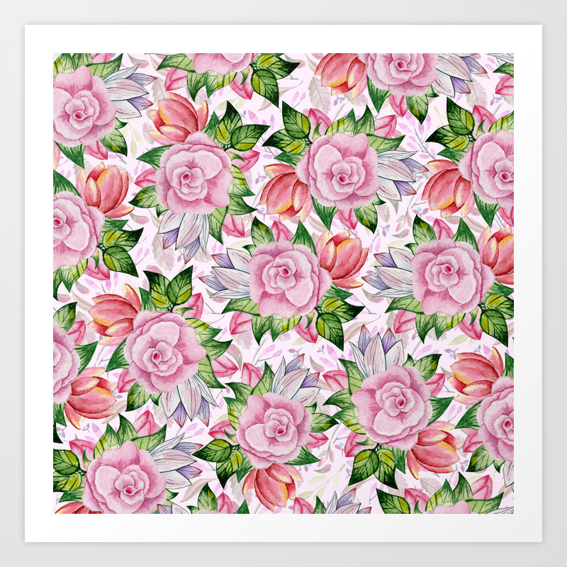 Watercolor Pink Lavender Colorful Hand Painted Roses Flowers Art