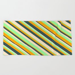 [ Thumbnail: Orange, Dark Slate Gray, Bisque, and Green Colored Lined/Striped Pattern Beach Towel ]