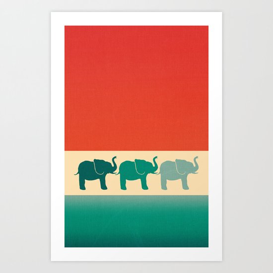 Three Elephants - Burnt orange, cream & teal Art Print