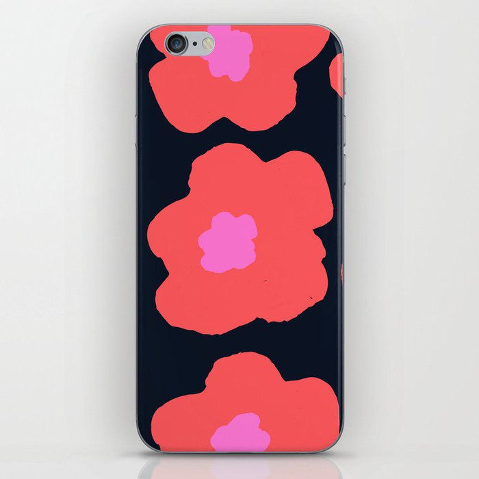 Large Pop-Art Retro Flowers in Pink and Coral Red Orange on Black Background  iPhone Skin