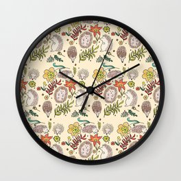 Hedgehog Field in Cream Wall Clock | Floral, Drawing, Digital, Wild, Illustration, Garden, Fall, Pattern, Season, Baby 