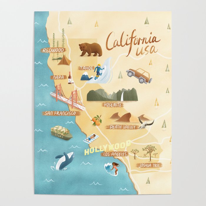 Illustrated Map of California Poster