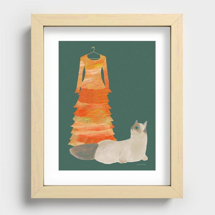 Cat and Flamenco Dress - Green and Orange and Green Recessed Framed Print