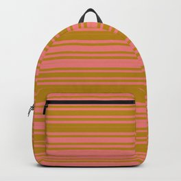 [ Thumbnail: Dark Goldenrod & Light Coral Colored Pattern of Stripes Backpack ]