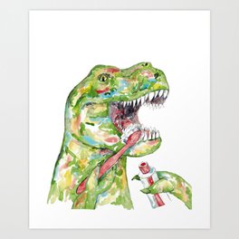 T-rex brushing teeth dinosaur painting watercolour Art Print