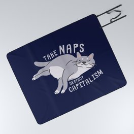 Take Naps Destroy Capitalism - Anti-Capitalist Cat Navy Picnic Blanket