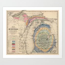 Vintage Michigan Geology Map (1873) Art Print