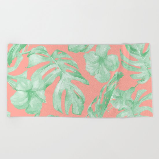 Tropical Palm Leaves Hibiscus Flowers Coral Green Beach Towel