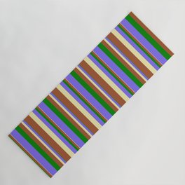 [ Thumbnail: Green, Medium Slate Blue, Pale Goldenrod, and Sienna Colored Striped Pattern Yoga Mat ]