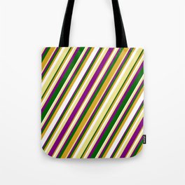 [ Thumbnail: Tan, Purple, Dark Green, Goldenrod, and White Colored Lined/Striped Pattern Tote Bag ]