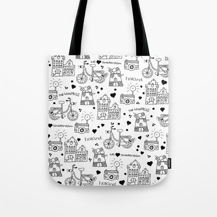 Hello Amsterdam Dutch Hipster Travel Icons Bike And Windmill Tote Bag By Littlesmilemakersstudio Society6