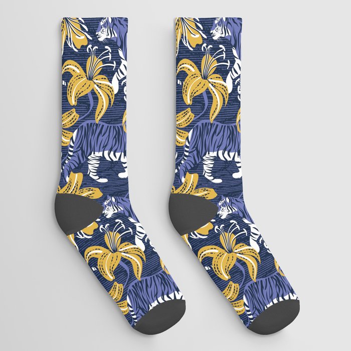 Tigers in a tiger lily garden // textured navy blue background very peri wild animals goldenrod yellow flowers Socks