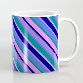 [ Thumbnail: Purple, Royal Blue, Teal, Violet & Blue Colored Stripes/Lines Pattern Coffee Mug ]