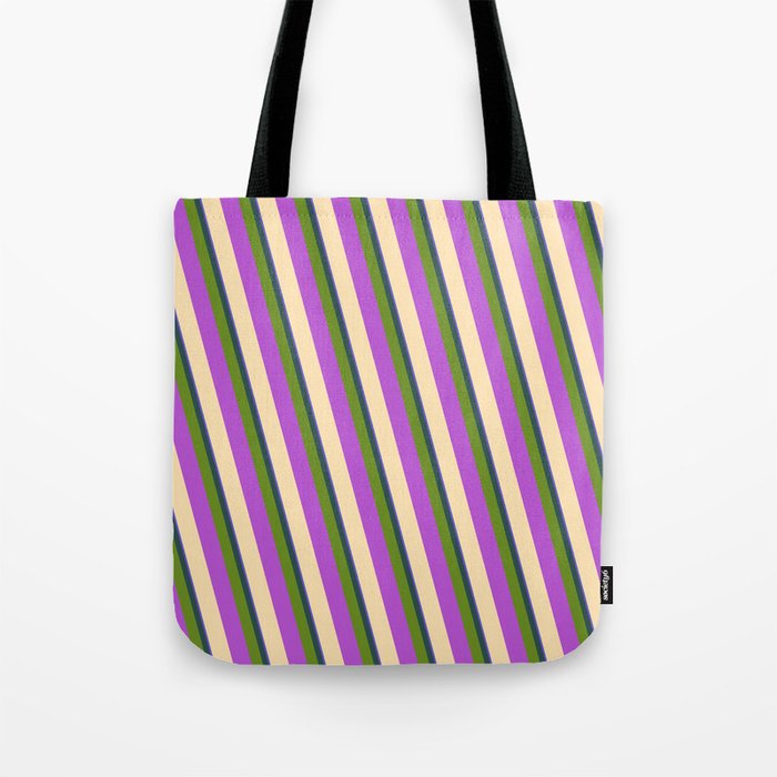 Colorful Slate Blue, Dark Slate Gray, Green, Orchid & Beige Colored Striped Pattern Tote Bag