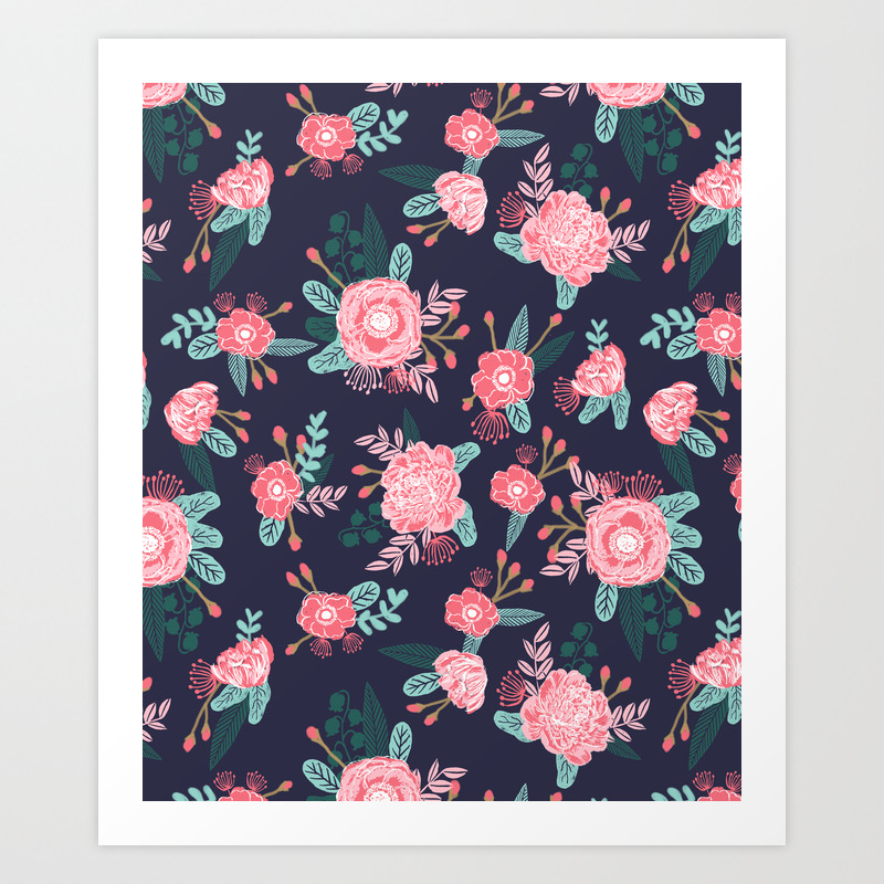 Peony Floral Bouquet Navy Pink Bright Happy Flowers Dorm College