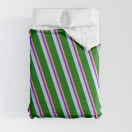 [ Thumbnail: Brown, Dark Khaki, Dark Violet, Powder Blue, and Dark Green Colored Lined/Striped Pattern Comforter ]