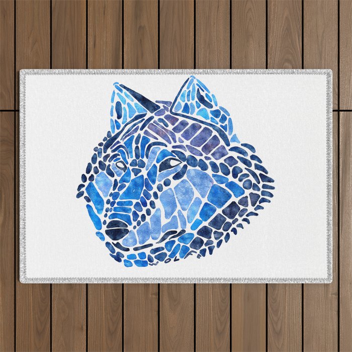 Blue Wolf Painted Mosaic Illustration Outdoor Rug