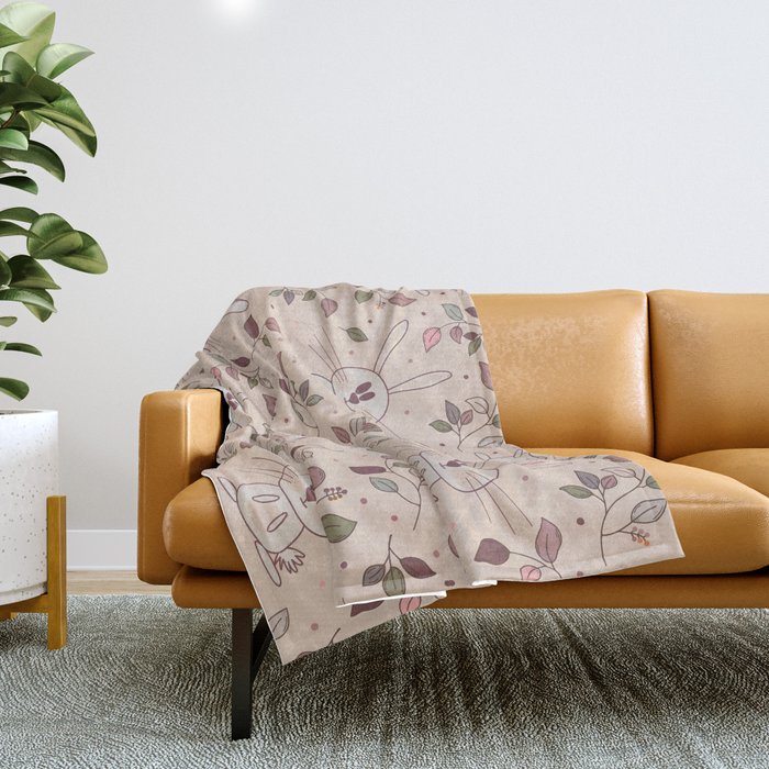Adorable rabbits with autumn leaves and berries in pink colors Throw Blanket