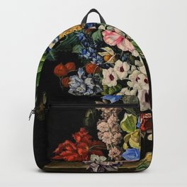 Parrot Tulips, Roses, Dahlias, Zinnia & Fig Bouquet  (Flowers of the Imagination) by Rachel Ruysch Backpack