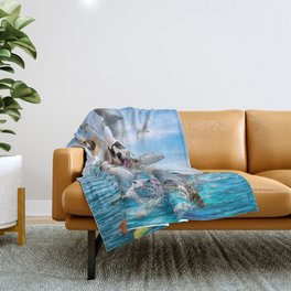Golden Retriever Riding Sharks Throw Blanket