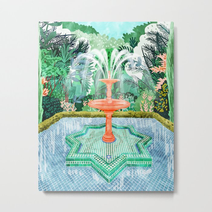 The Fountain Of Life, Architecture Colorful Plants Watercolor Painting, Eclectic Tiles Morocco Metal Print