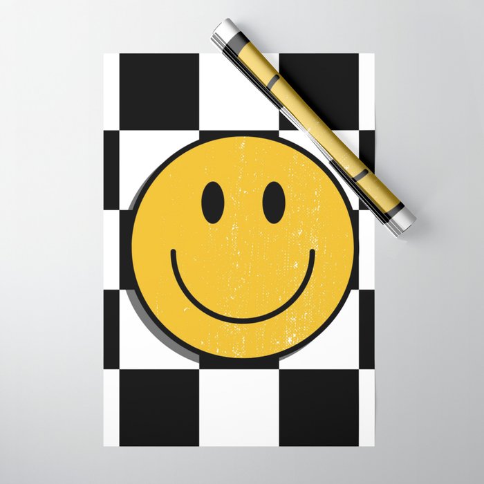 Smiley Face with Black and White Chessboard Background Wrapping Paper