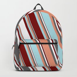 [ Thumbnail: Colorful Dim Grey, Dark Salmon, Powder Blue, Maroon & White Colored Pattern of Stripes Backpack ]