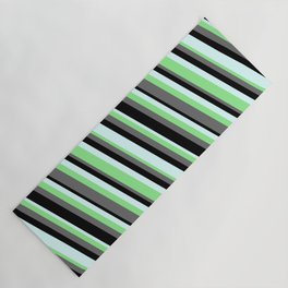 [ Thumbnail: Dim Grey, Black, Light Cyan, and Light Green Colored Striped Pattern Yoga Mat ]