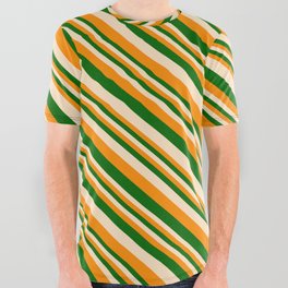 [ Thumbnail: Dark Orange, Dark Green & Bisque Colored Lines Pattern All Over Graphic Tee ]