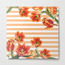 Red Yellow Tulips Stripes Chic Peach Metal Print | Feminine, Sharp, Classy, Elegant, Floral, Pattern, Watercolor, Stripes, Red, Peach 
