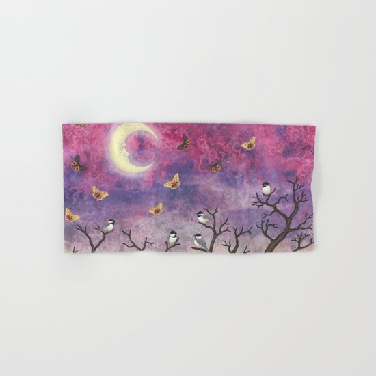 chickadees and io moths in the moonlit sky Hand & Bath Towel