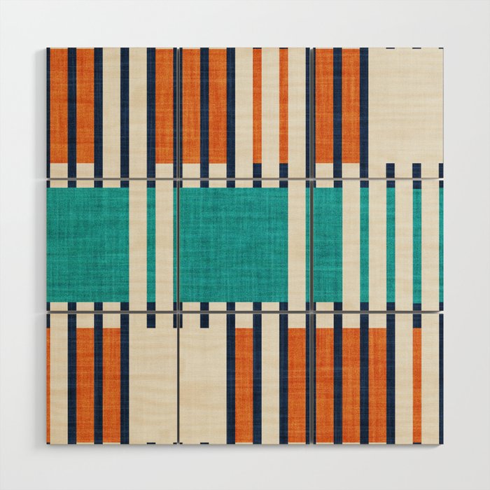 Bold minimalist retro stripes // midnight blue orange and peacock blue geometric grid  Wood Wall Art