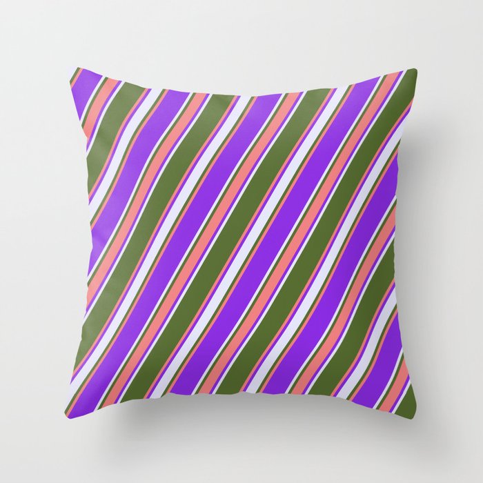 Dark Olive Green, Light Coral, Purple & Lavender Colored Stripes/Lines Pattern Throw Pillow