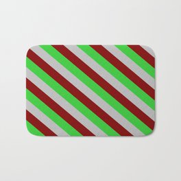 [ Thumbnail: Lime Green, Grey, and Maroon Colored Stripes/Lines Pattern Bath Mat ]