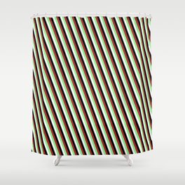 [ Thumbnail: Brown, Light Green, White & Black Colored Lined Pattern Shower Curtain ]