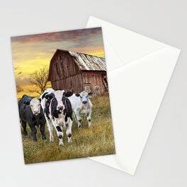 Cattle in the Midwest with Barn and Tractor at Sunset Stationery Card