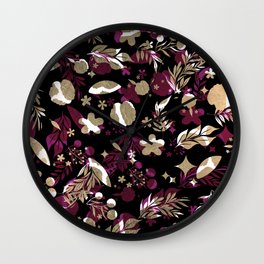 Modern Abstract Fuchsia Pink Black Gold Floral Wall Clock