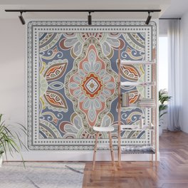 Decorative abstract colorful background, geometric floral doodle pattern with ornate lace frame. Tribal ethnic ornament. Bandanna shawl, tablecloth fabric print, silk neck scarf, kerchief design Wall Mural