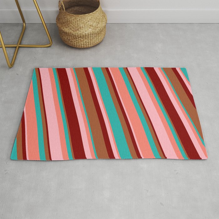 Eye-catching Sienna, Light Sea Green, Salmon, Light Pink, and Maroon Colored Striped Pattern Rug