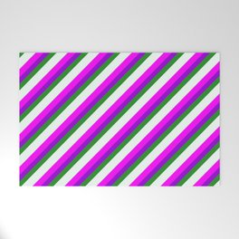 [ Thumbnail: Eye-catching Fuchsia, Dark Violet, Forest Green, Mint Cream, and Light Grey Colored Stripes Pattern Welcome Mat ]
