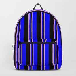 [ Thumbnail: Plum, Black, and Blue Colored Lines Pattern Backpack ]
